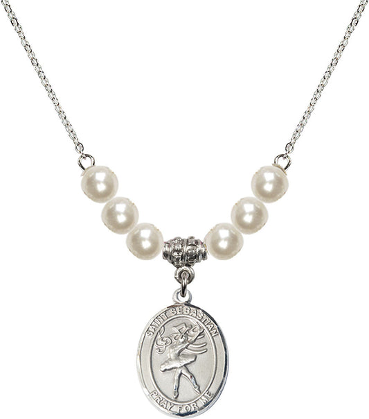 Sterling Silver Saint Sebastian / Dance Birthstone Necklace with Faux-Pearl Beads - 8612