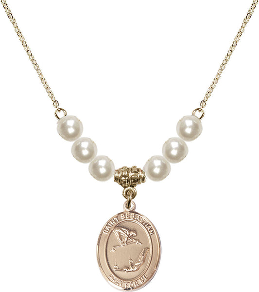14kt Gold Filled Saint Sebastian/Gymnastics Birthstone Necklace with Faux-Pearl Beads - 8613
