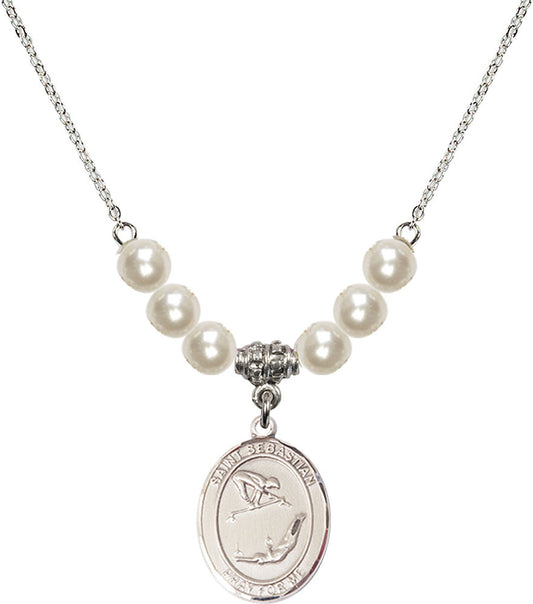 Sterling Silver Saint Sebastian/Gymnastics Birthstone Necklace with Faux-Pearl Beads - 8613