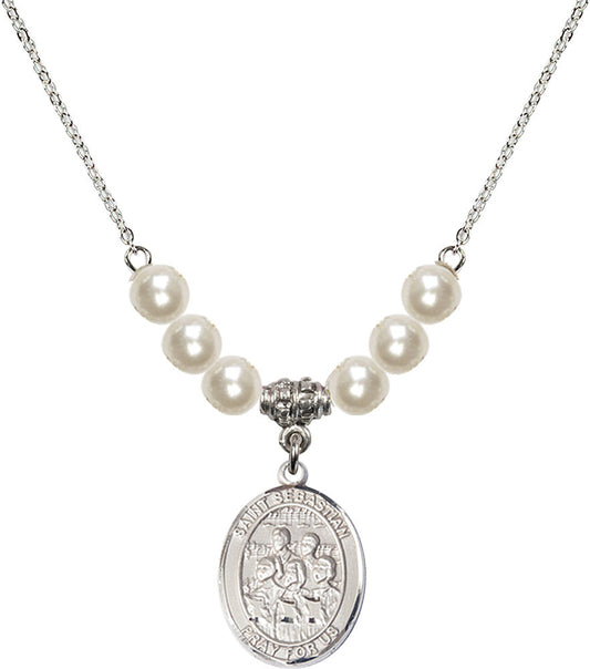 Sterling Silver Saint Sebastian / Choir Birthstone Necklace with Faux-Pearl Beads - 8614