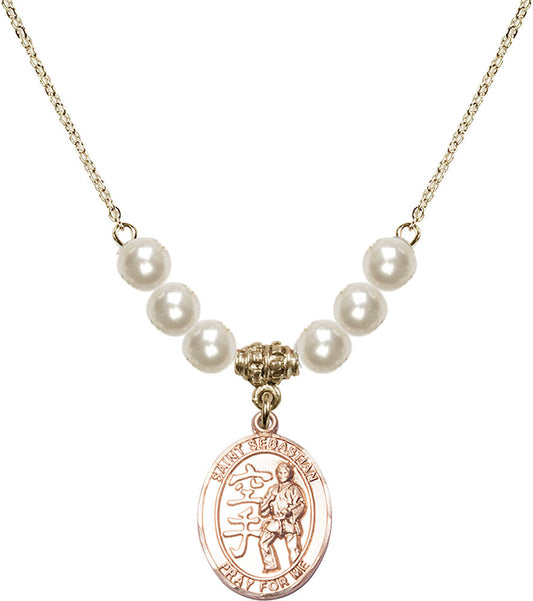 14kt Gold Filled Saint Sebastian/Karate Birthstone Necklace with Faux-Pearl Beads - 8615