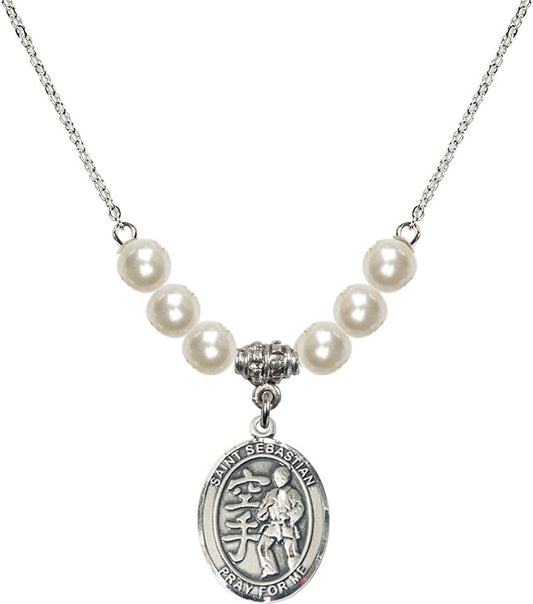 Sterling Silver Saint Sebastian/Karate Birthstone Necklace with Faux-Pearl Beads - 8615