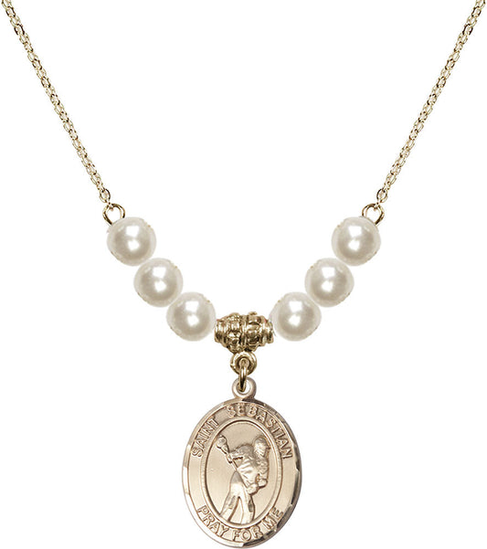 14kt Gold Filled Saint Sebastian/Lacrosse Birthstone Necklace with Faux-Pearl Beads - 8616