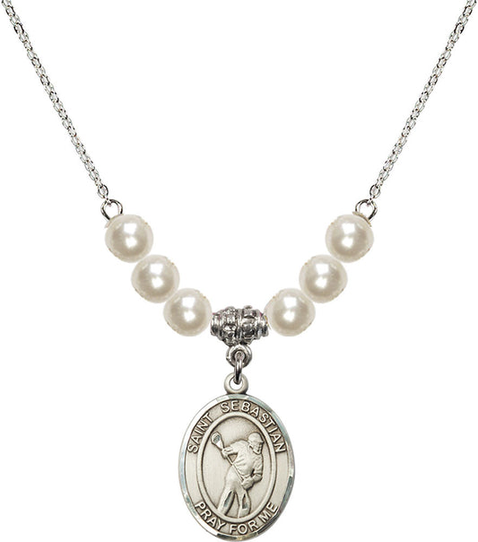Sterling Silver Saint Sebastian/Lacrosse Birthstone Necklace with Faux-Pearl Beads - 8616