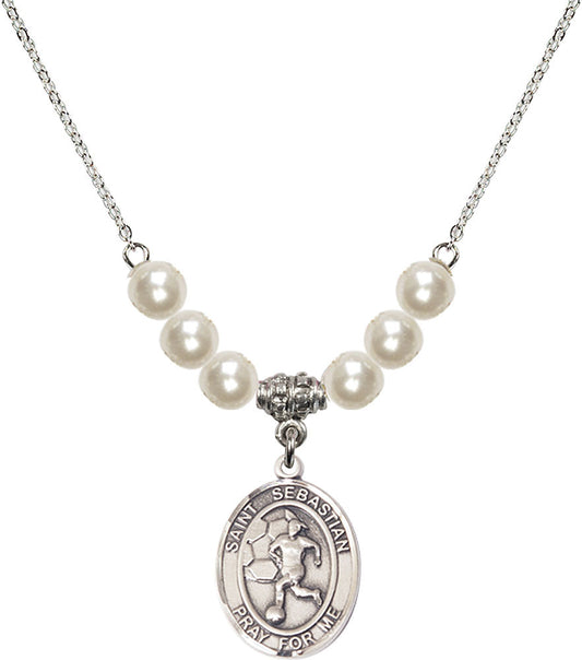 Sterling Silver Saint Sebastian/Soccer-Women Birthstone Necklace with Faux-Pearl Beads - 8617