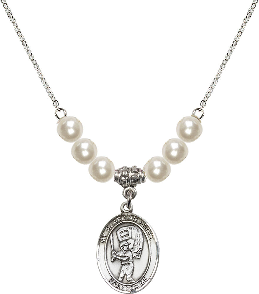 Sterling Silver Guardian Angel/Baseball Birthstone Necklace with Faux-Pearl Beads - 8700