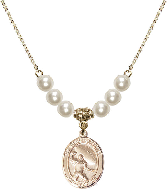 14kt Gold Filled Guardian Angel/Football Birthstone Necklace with Faux-Pearl Beads - 8701