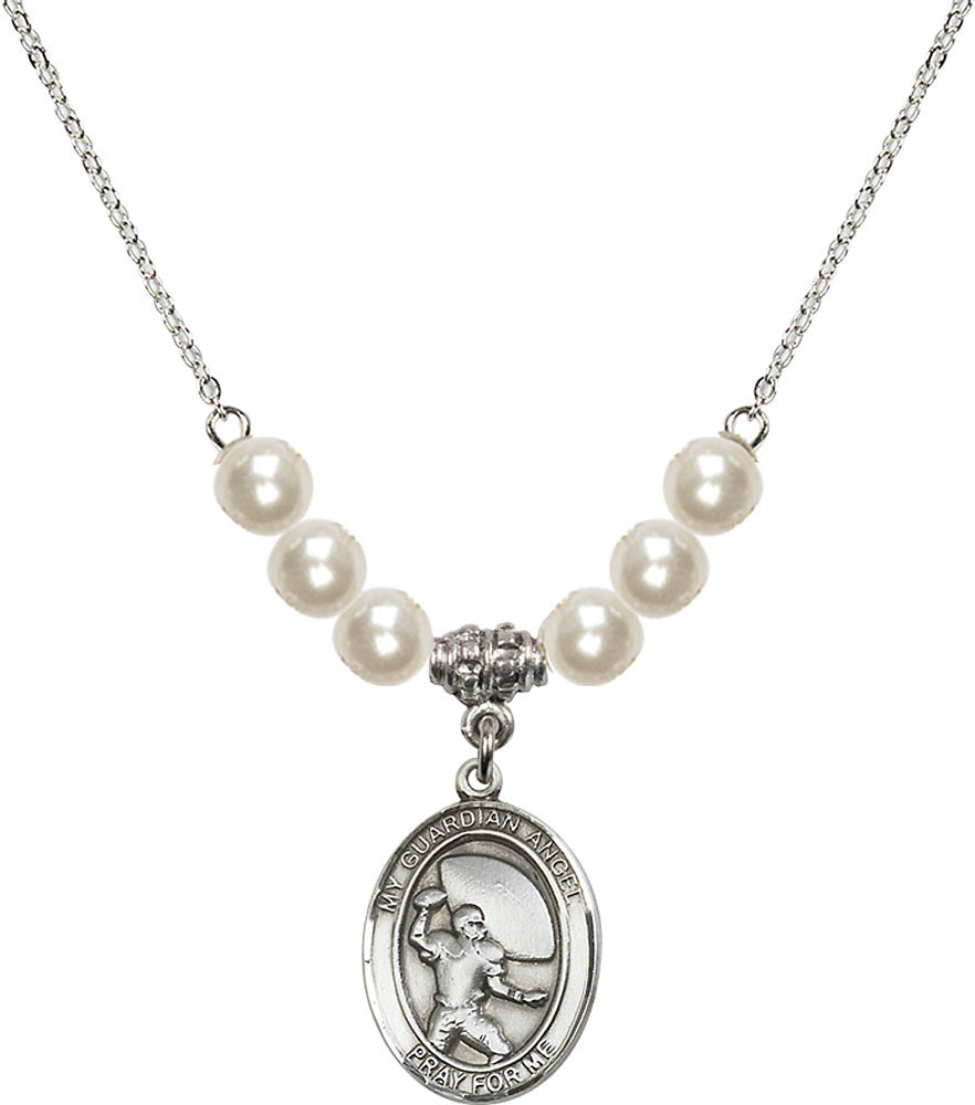 Sterling Silver Guardian Angel/Football Birthstone Necklace with Faux-Pearl Beads - 8701