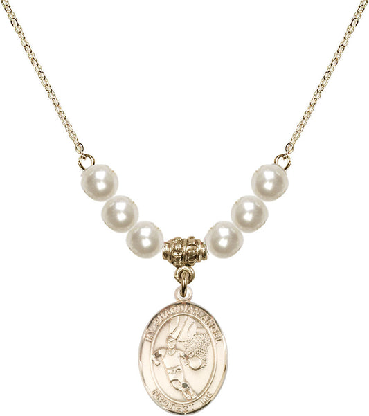 14kt Gold Filled Guardian Angel/Basketball Birthstone Necklace with Faux-Pearl Beads - 8702