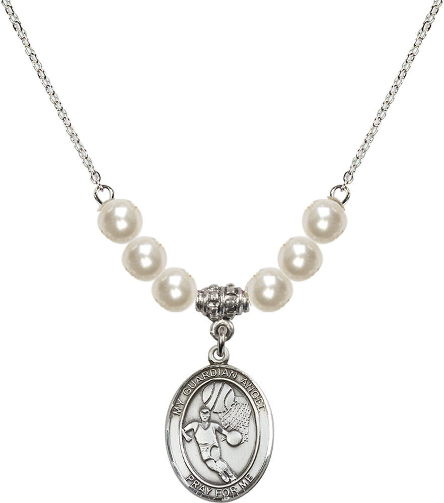 Sterling Silver Guardian Angel/Basketball Birthstone Necklace with Faux-Pearl Beads - 8702