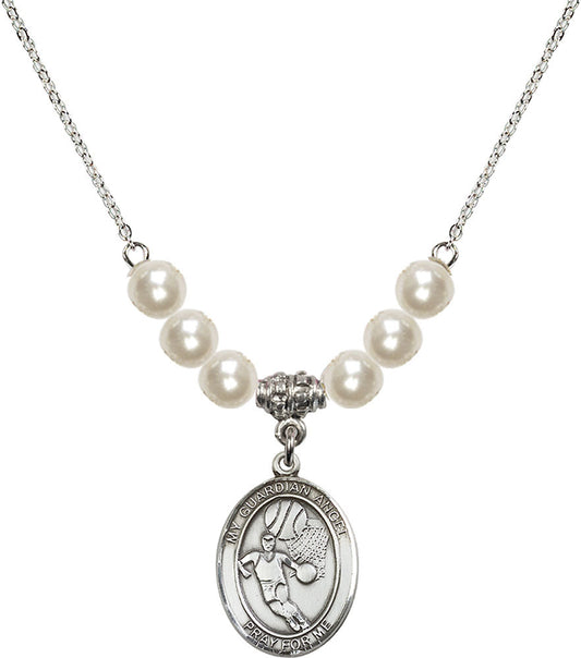 Sterling Silver Guardian Angel/Basketball Birthstone Necklace with Faux-Pearl Beads - 8702