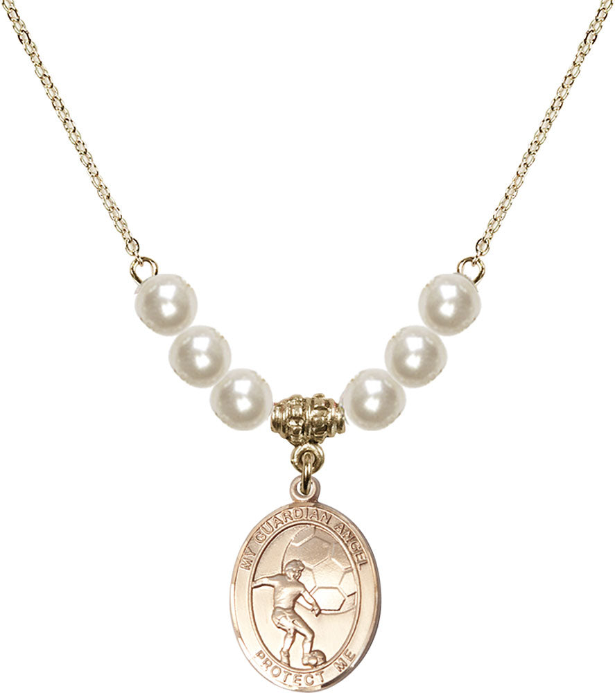14kt Gold Filled Guardian Angel/Soccer Birthstone Necklace with Faux-Pearl Beads - 8703