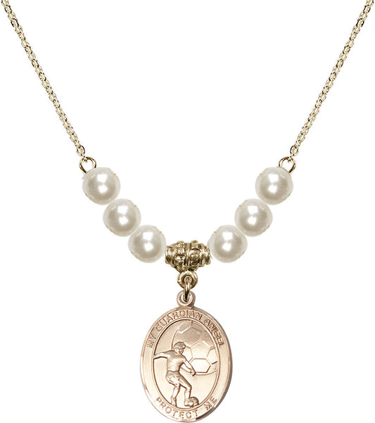 14kt Gold Filled Guardian Angel/Soccer Birthstone Necklace with Faux-Pearl Beads - 8703