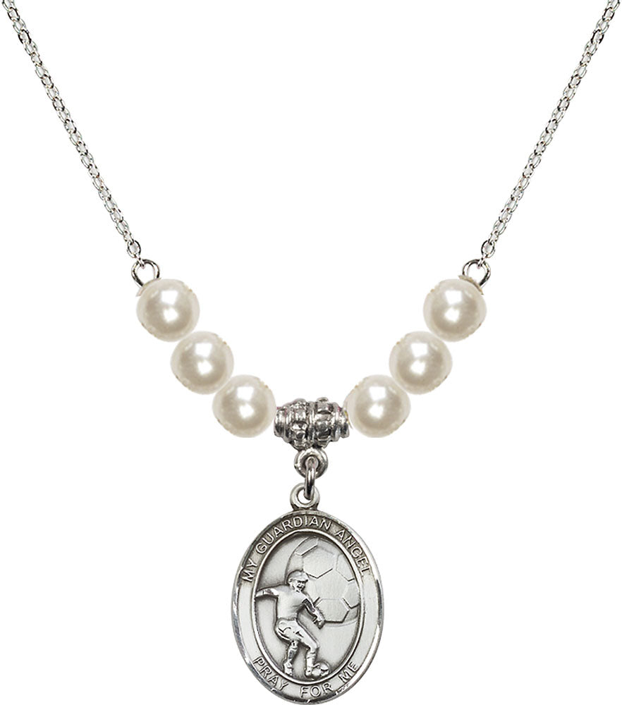 Sterling Silver Guardian Angel/Soccer Birthstone Necklace with Faux-Pearl Beads - 8703
