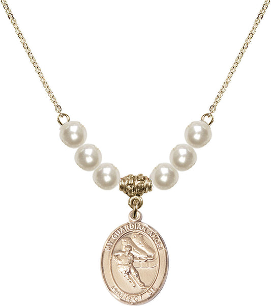 14kt Gold Filled Guardian Angel/Hockey Birthstone Necklace with Faux-Pearl Beads - 8704