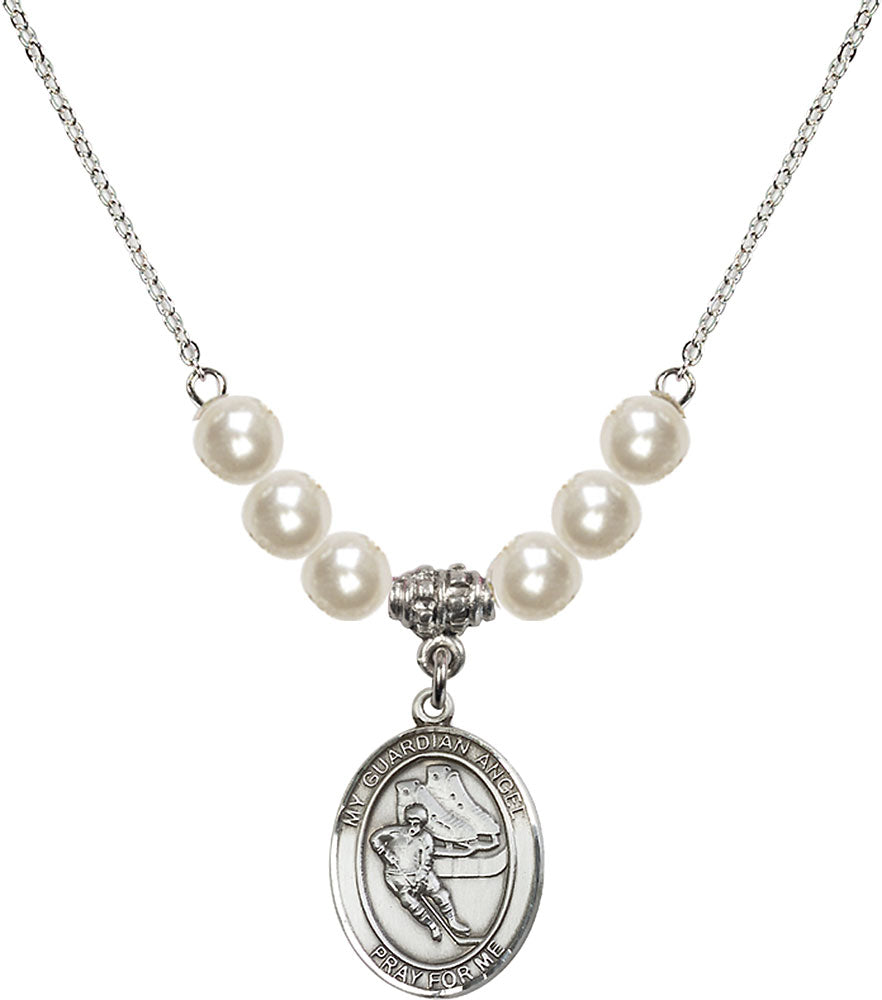 Sterling Silver Guardian Angel/Hockey Birthstone Necklace with Faux-Pearl Beads - 8704