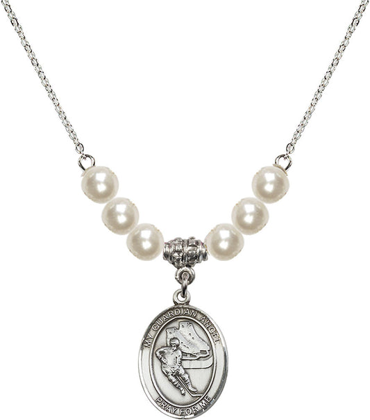 Sterling Silver Guardian Angel/Hockey Birthstone Necklace with Faux-Pearl Beads - 8704