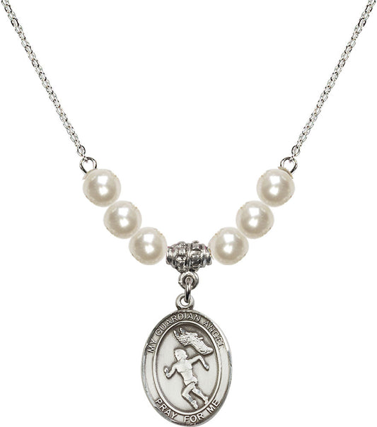 Sterling Silver Guardian Angel/Track&Field-Women Birthstone Necklace with Faux-Pearl Beads - 8710
