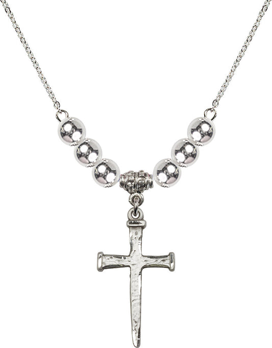 Sterling Silver Nail Cross Birthstone Necklace with Sterling Silver Beads - 0085