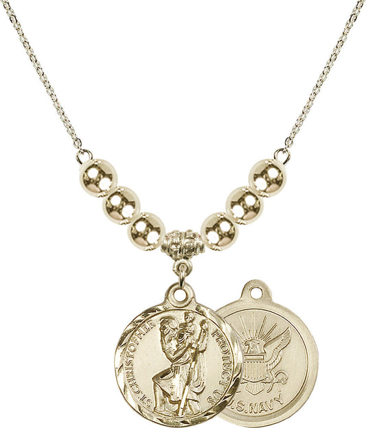 14kt Gold Filled Saint Christopher / Navy Birthstone Necklace with Gold Filled Beads - 0192