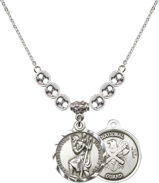 Sterling Silver Saint Christopher / Nat'l Guard Birthstone Necklace with Sterling Silver Beads - 0192