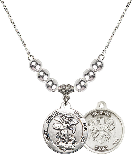 Sterling Silver Saint Michael / Nat'l Guard Birthstone Necklace with Sterling Silver Beads - 0342