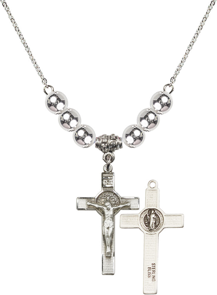 Sterling Silver Saint Benedict Crucifix Birthstone Necklace with Sterling Silver Beads - 0625