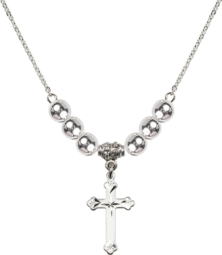 Sterling Silver Cross Birthstone Necklace with Sterling Silver Beads - 0667
