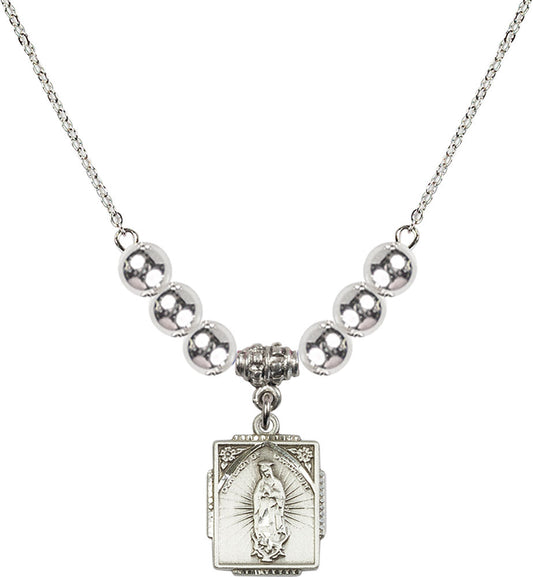 Sterling Silver Our Lady of Guadalupe Birthstone Necklace with Sterling Silver Beads - 0804