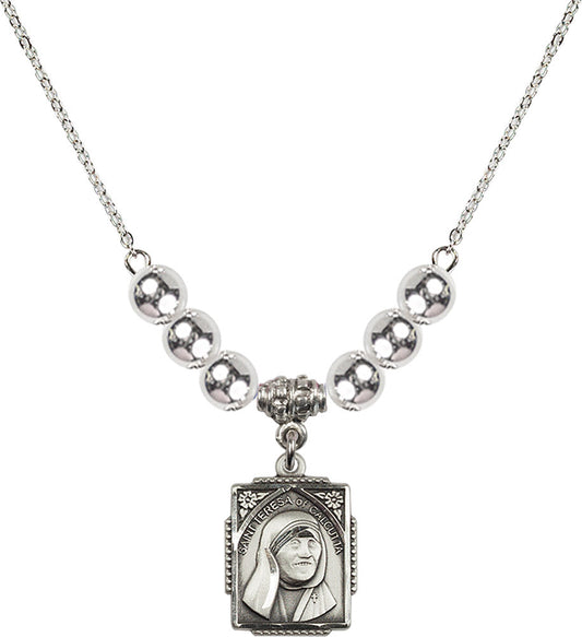 Sterling Silver Saint Teresa of Calcutta Birthstone Necklace with Sterling Silver Beads - 0804