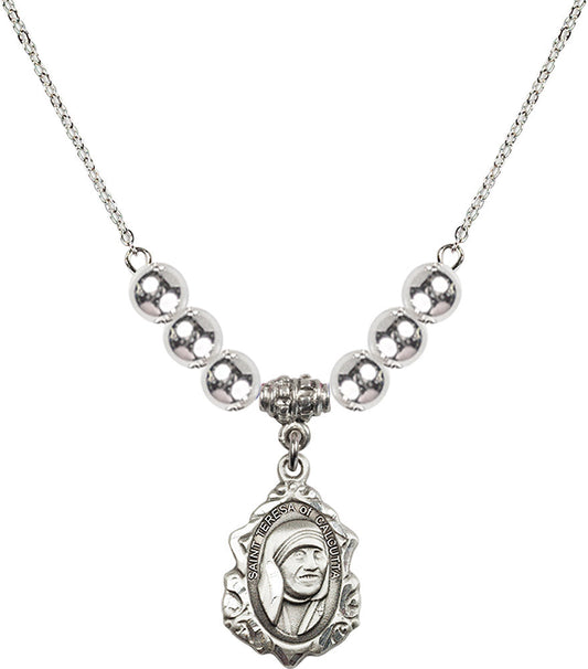 Sterling Silver Saint Teresa of Calcutta Birthstone Necklace with Sterling Silver Beads - 0812