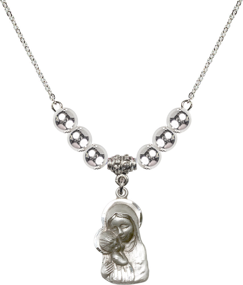 Sterling Silver Madonna & Child Birthstone Necklace with Sterling Silver Beads - 1612