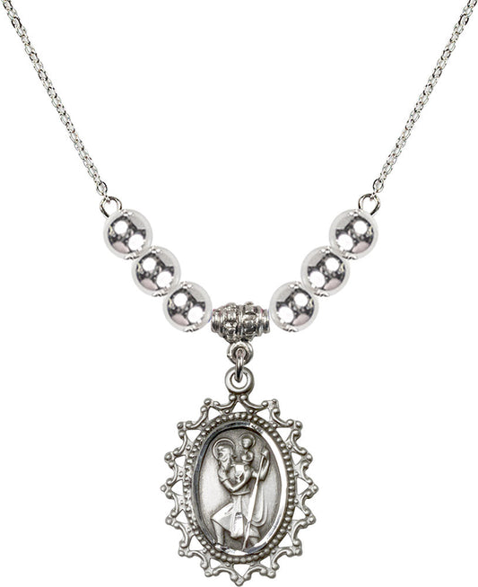 Sterling Silver Saint Christopher Birthstone Necklace with Sterling Silver Beads - 1619