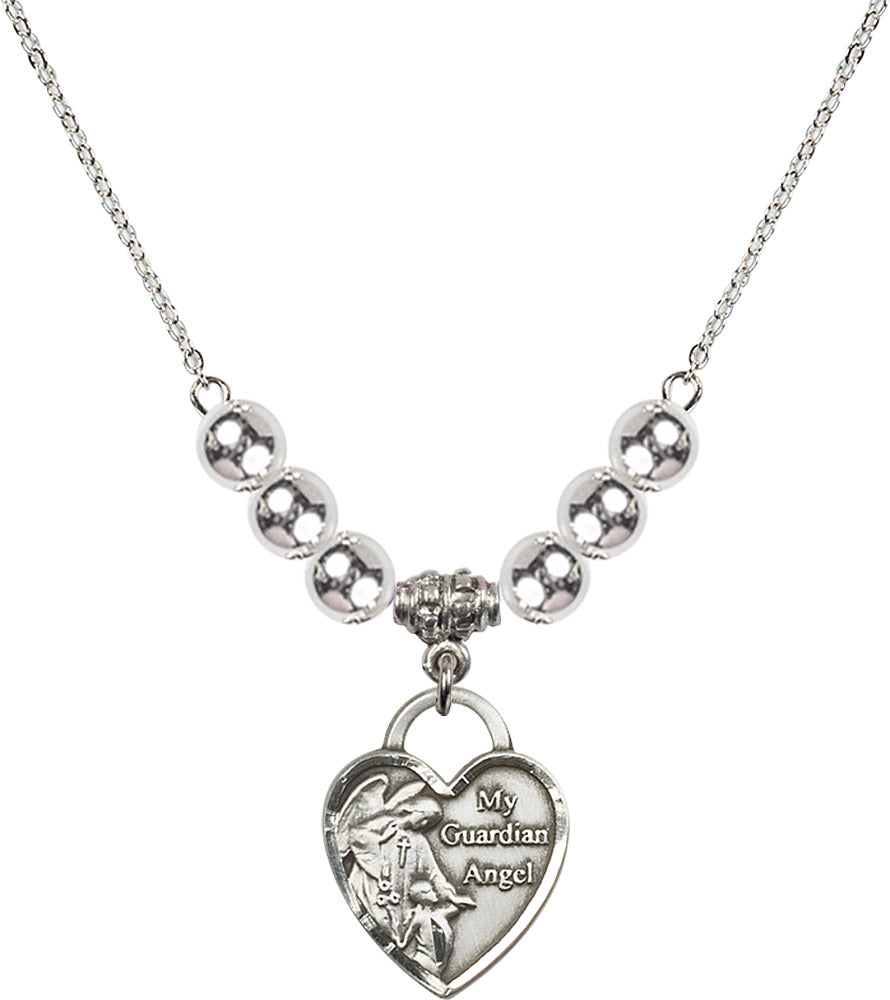 Sterling Silver Guardian Angel Heart Birthstone Necklace with Sterling Silver Beads - 3202