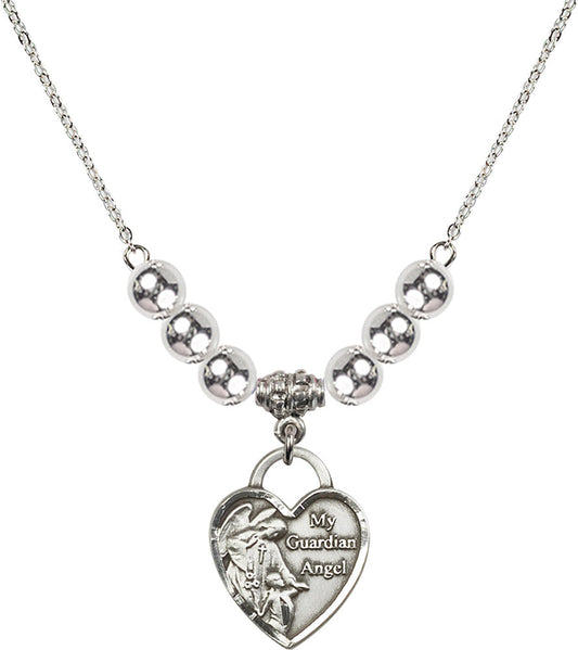 Sterling Silver Guardian Angel Heart Birthstone Necklace with Sterling Silver Beads - 3202