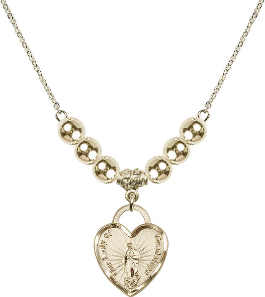 14kt Gold Filled Our Lady of Guadalupe Heart / Recuerdo Birthstone Necklace with Gold Filled Beads - 3209