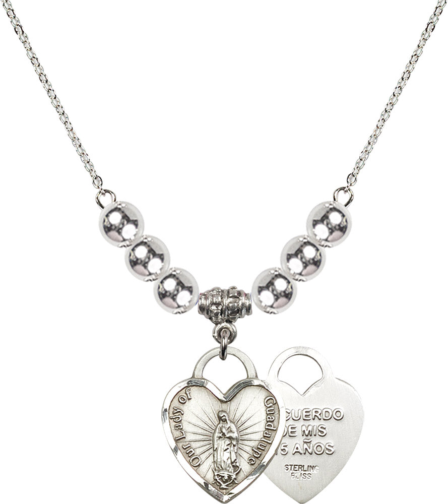 Sterling Silver Our Lady of Guadalupe Heart / Recuerdo Birthstone Necklace with Sterling Silver Beads - 3209