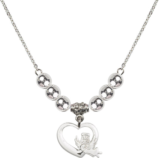 Sterling Silver Heart / Guardian Angel Birthstone Necklace with Sterling Silver Beads - 4206