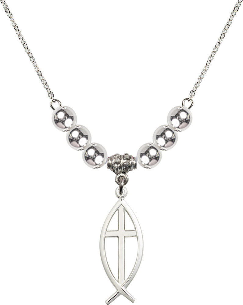 Sterling Silver Fish / Cross Birthstone Necklace with Sterling Silver Beads - 4252