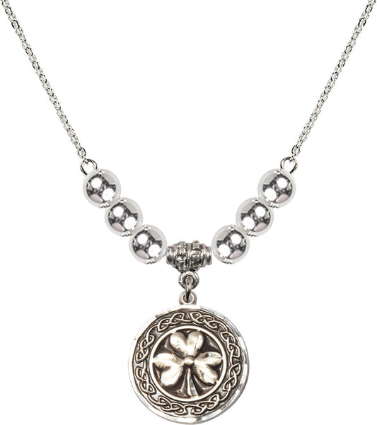 Sterling Silver Shamrock w/ Celtic Border Birthstone Necklace with Sterling Silver Beads - 5106