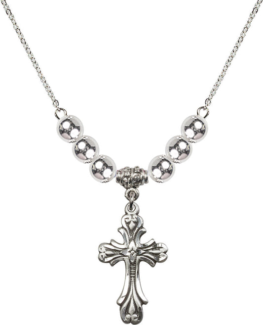 Sterling Silver Cross Birthstone Necklace with Sterling Silver Beads - 5419