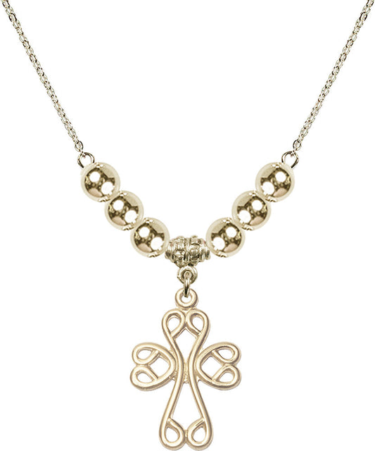 14kt Gold Filled Scroll Cross Birthstone Necklace with Gold Filled Beads - 5998