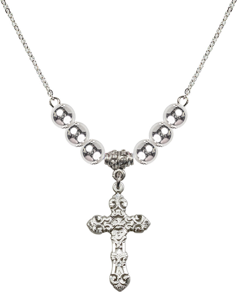 Sterling Silver Cross Birthstone Necklace with Sterling Silver Beads - 6001