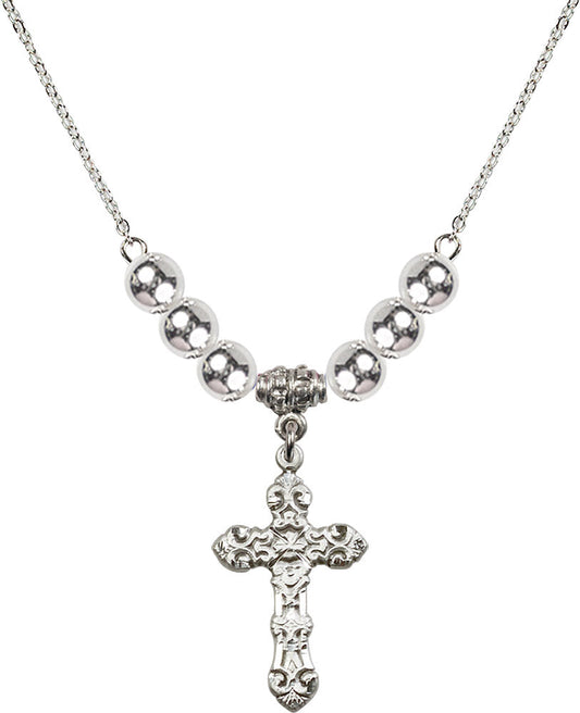 Sterling Silver Cross Birthstone Necklace with Sterling Silver Beads - 6001