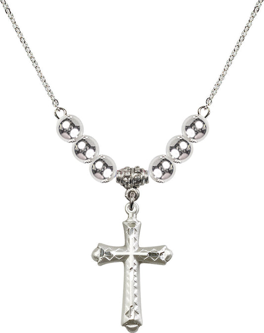 Sterling Silver Cross Birthstone Necklace with Sterling Silver Beads - 6007
