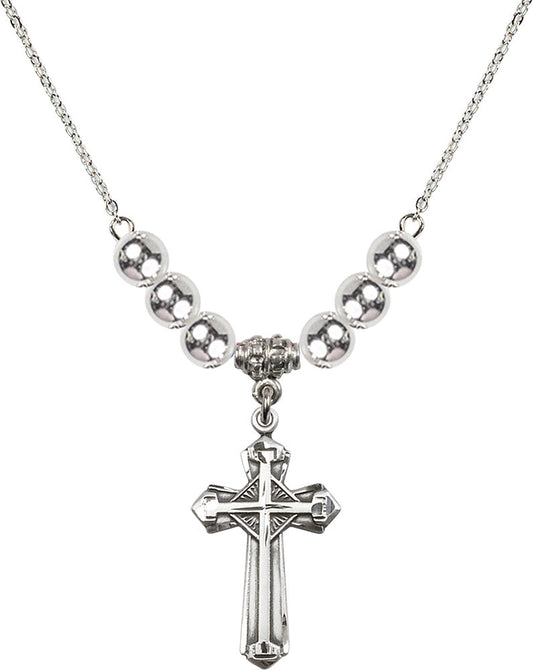 Sterling Silver Cross Birthstone Necklace with Sterling Silver Beads - 6012