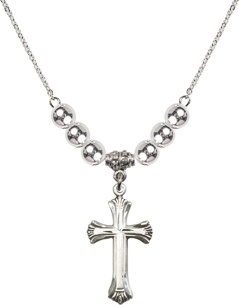 Sterling Silver Cross Birthstone Necklace with Sterling Silver Beads - 6013