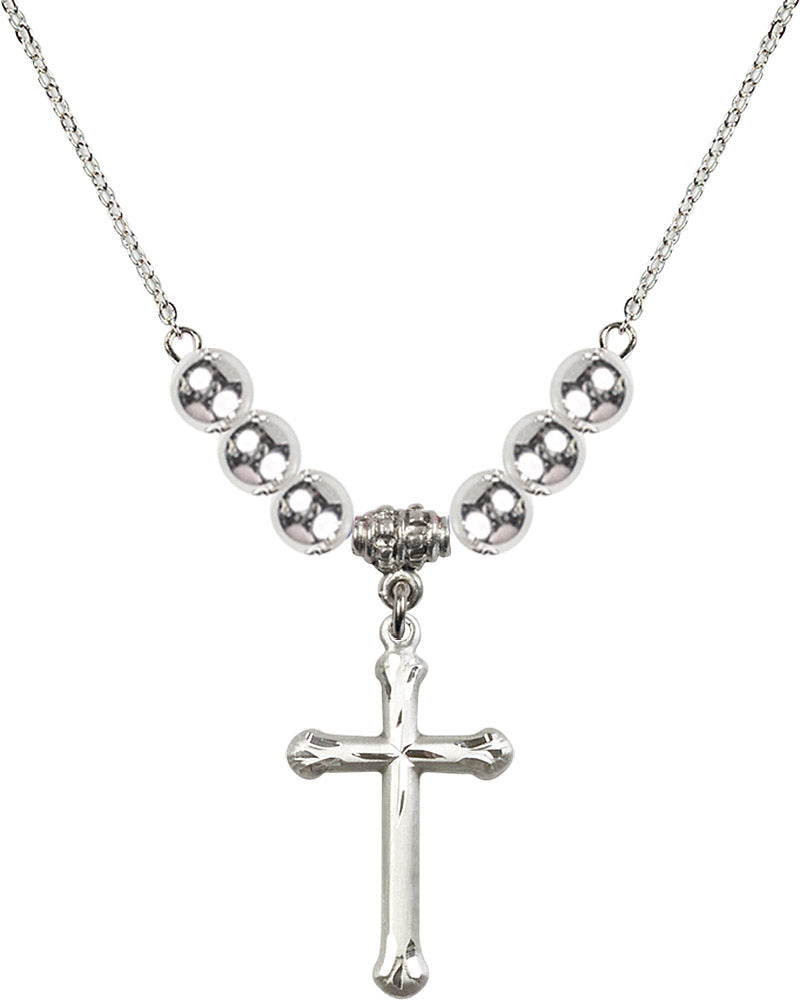 Sterling Silver Cross Birthstone Necklace with Sterling Silver Beads - 6022