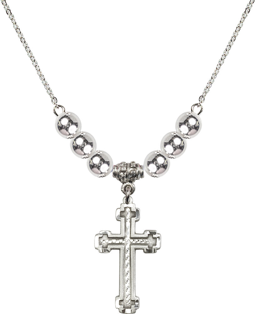 Sterling Silver Cross Birthstone Necklace with Sterling Silver Beads - 6039
