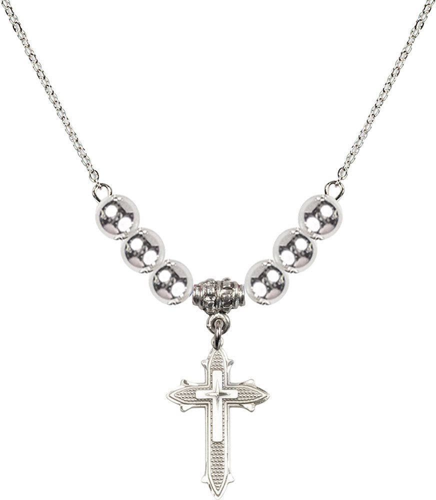 Sterling Silver Cross on Cross Birthstone Necklace with Sterling Silver Beads - 6058